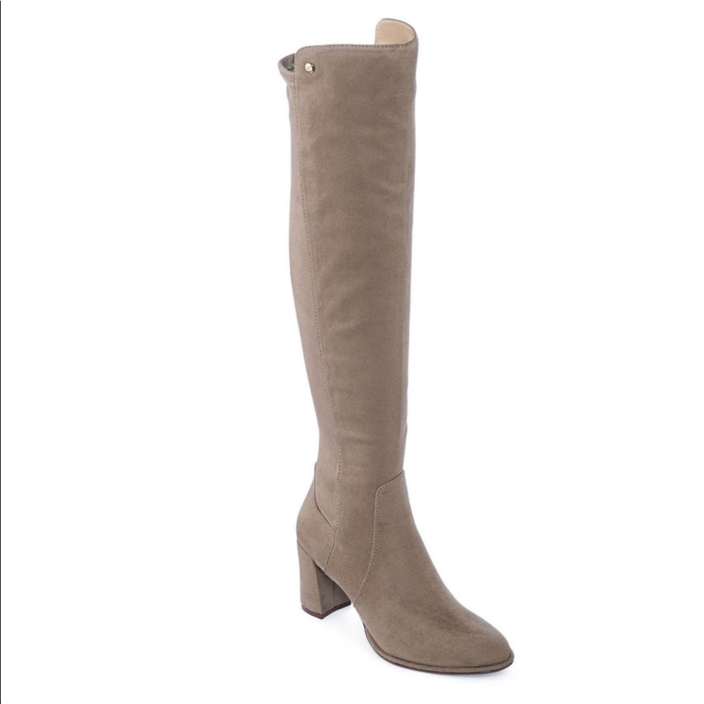 Taupe Liz Claiborne Leyla overknee boots w/ heels.
